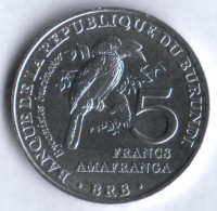 Монета 5 франков. 2014 год, Бурунди. Калао-трубач.