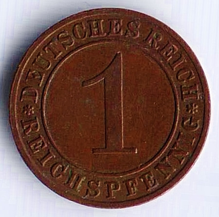 Монета 1 рейхспфенниг. 1936 год (F), Веймарская республика.