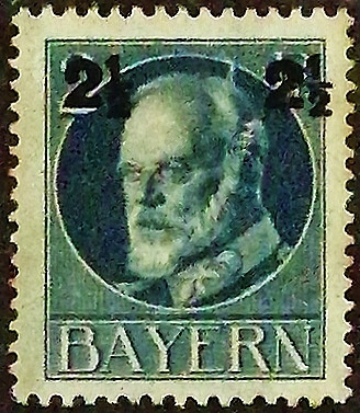 Марка почтовая (2⅟₂ pf.). "Король Людвиг III". 1916 год, Бавария.