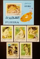 Набор почтовых марок  (5 шт.) с блоком. "Картины обнаженной натуры Ренуара". 1970 год, Фуджейра.