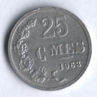 Монета 25 сантимов. 1963 год, Люксембург.