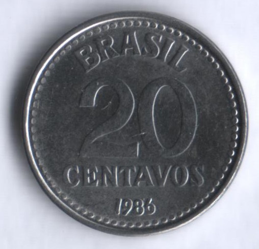 Монета 20 сентаво. 1986 год, Бразилия.