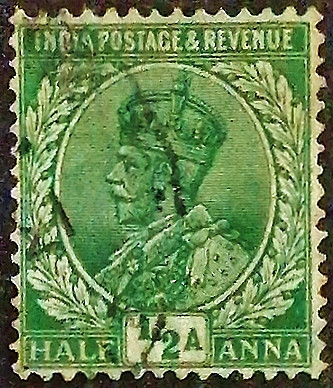 Почтовая марка (⅟₂ an.). "Король Георг V". 1912 год, Британская Индия.
