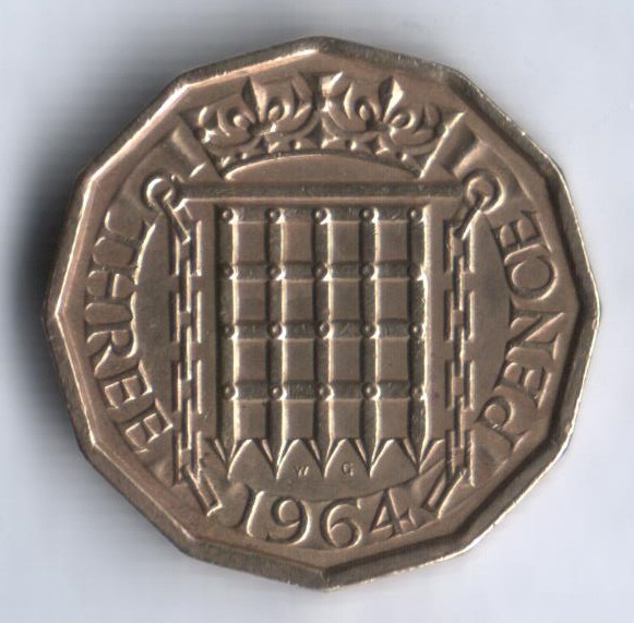 Монета 3 пенса. 1964 год, Великобритания.