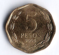 Монета 5 песо. 2008 год, Чили.