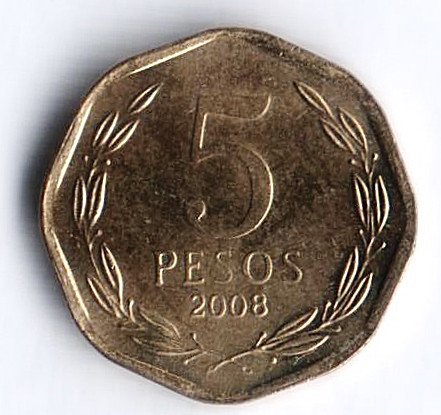 Монета 5 песо. 2008 год, Чили.