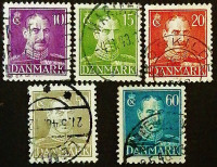Набор почтовых марок (5 шт.). "Король Кристиан X". 1942-1946 годы, Дания.