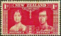 Почтовая марка (1 p.). "Коронация короля Георга VI и королевы Елизаветы". 1937 год, Новая Зеландия.