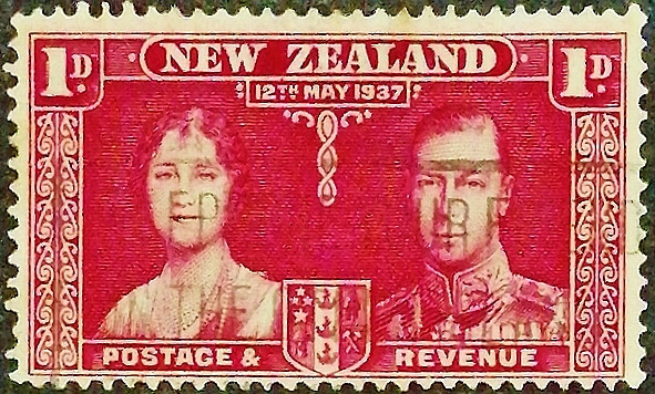 Почтовая марка (1 p.). "Коронация короля Георга VI и королевы Елизаветы". 1937 год, Новая Зеландия.