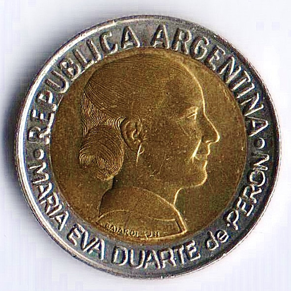 Монета 1 песо. 1997 год, Аргентина. Мария Эва Дуарте де Перон.