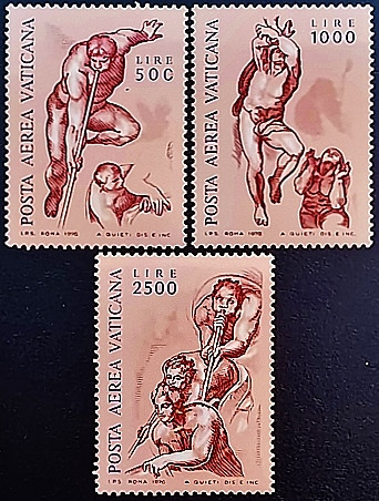 Набор марок (3 шт.). "Фрески Микеланджело". 1976 год, Ватикан. Набор марок (3 шт.). "Фрески Микеланджело". 1976 год, Ватикан.