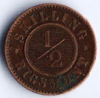 Монета 1/2 скиллинга-ригсмёнт. 1857(o) год, Дания.