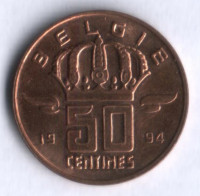 Монета 50 сантимов. 1994 год, Бельгия (Belgie).