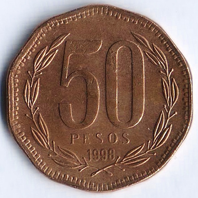 Монета 50 песо. 1998 год, Чили.