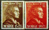 Набор марок почтовых (2 шт.). "Йохан Герман Вессель". 1942 год, Норвегия.