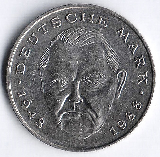 Монета 2 марки. 1990 год (D), ФРГ. Людвиг Эрхард.