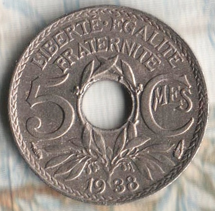 Монета 5 сантимов. 1938 год, Франция.