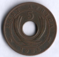 Монета 5 центов. 1936(KN) год, Британская Восточная Африка.