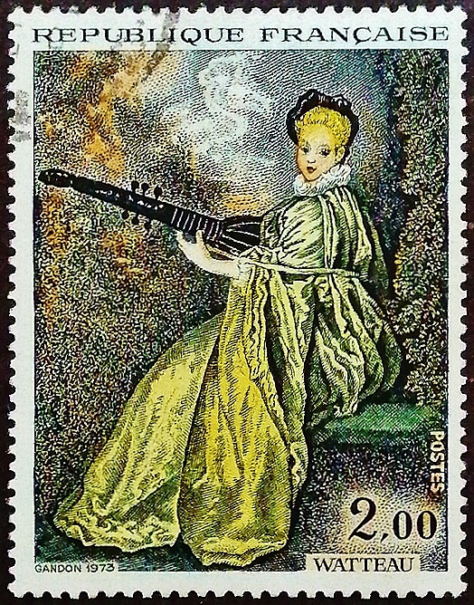 Почтовая марка. "Нежный музыкант", Жан-Антуан Вато. 1973 год, Франция.
