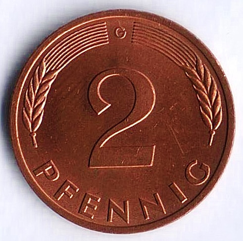 Монета 2 пфеннига. 1980(G) год, ФРГ.