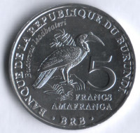 Монета 5 франков. 2014 год, Бурунди. Кафрский рогатый ворон.