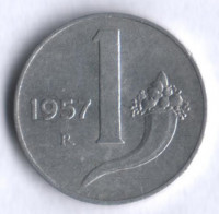 Монета 1 лира. 1957 год, Италия.