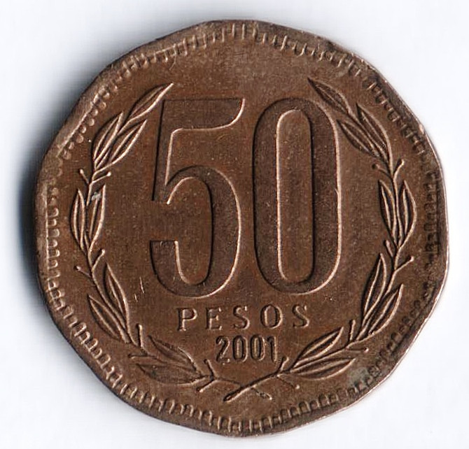 Монета 50 песо. 2001 год, Чили.