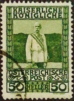 Почтовая марка (50 h.). "Император Франц Иосиф в маршальском мундире". 1908 год, Австрия.