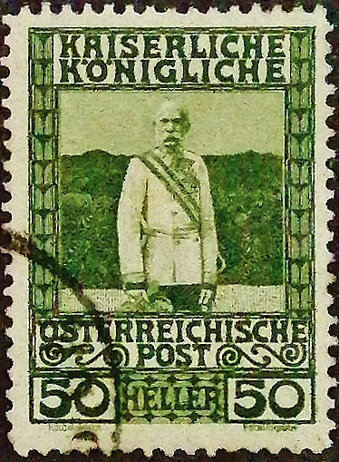 Почтовая марка (50 h.). "Император Франц Иосиф в маршальском мундире". 1908 год, Австрия.