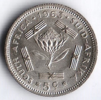 Монета 5 центов. 1963 год, ЮАР.