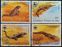 Набор почтовых марок (4 шт.). "Крокодилы". 1987 год, Республика Конго.