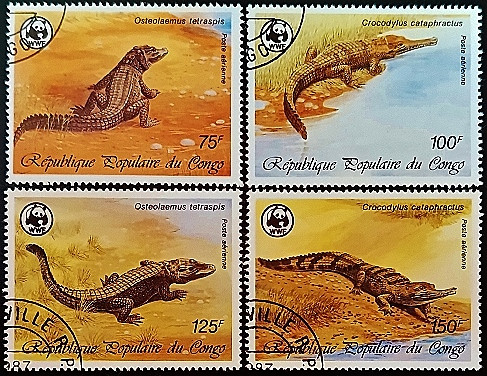 Набор почтовых марок (4 шт.). "Крокодилы". 1987 год, Республика Конго.