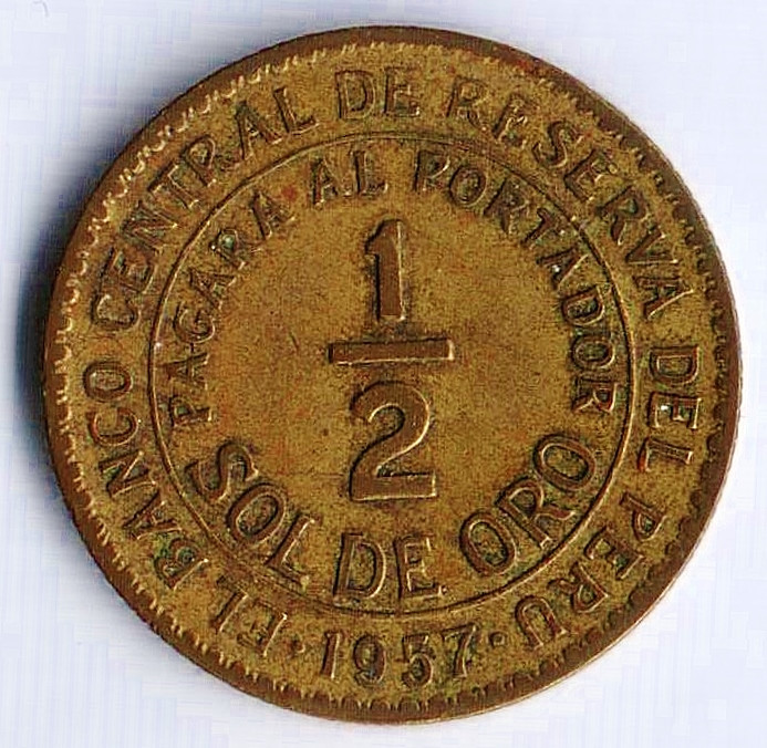 Монета 1/2 соля. 1957 год, Перу.
