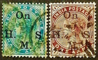 Набор почтовых марок (2 шт.). "Королева Виктория ("On H.M.S.")". 1883 год, Британская Индия.