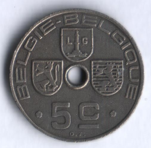 Монета 5 сантимов. 1942 год, Бельгия (Belgie-Belgique).