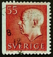 Почтовая марка (55 ör.). "Король Густав VI Адольф (белая надпись)". 1969 год, Швеция.