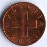Монета 1 раппен. 2001 год, Швейцария.