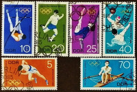 Набор почтовых марок  (6 шт.). "Летние Олимпийские игры - Мехико`1968". 1968 год, ГДР.