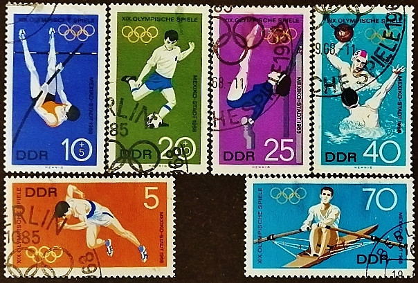 Набор почтовых марок  (6 шт.). "Летние Олимпийские игры - Мехико`1968". 1968 год, ГДР.