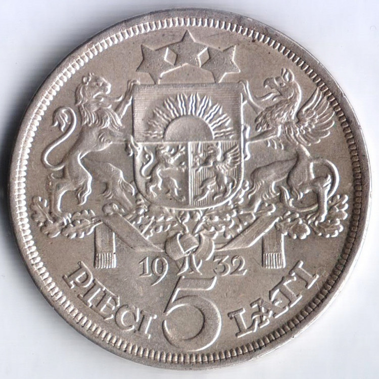 Монета 5 латов. 1932 год, Латвия.