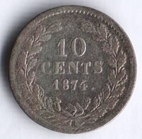 Монета 10 центов. 1874 год, Нидерланды.