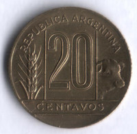 Монета 20 сентаво. 1943 год, Аргентина.