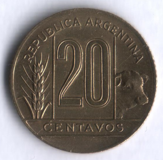 Монета 20 сентаво. 1943 год, Аргентина.