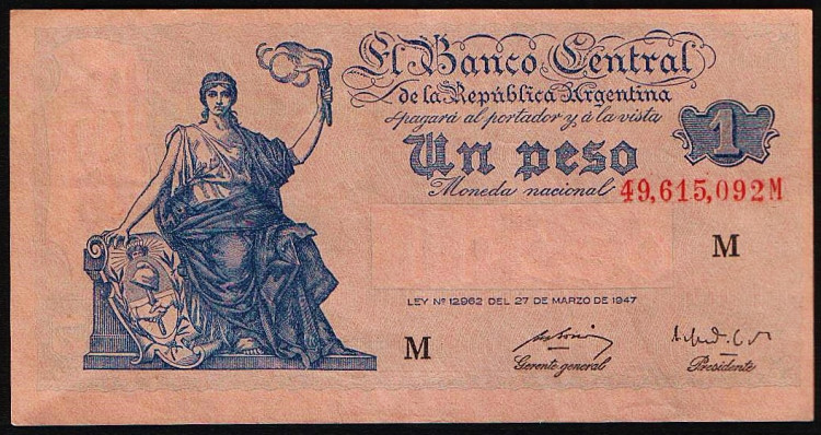 Бона 1 песо. 1947 год "M", Аргентина.
