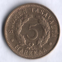 5 марок. 1950 год, Финляндия. "Н"-приподнята, иголки с уступом.
