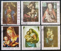 Набор почтовых марок (6 шт.). "Религиозное искусство: картины с изображением Мадонны.". 1967 год, Эквадор.