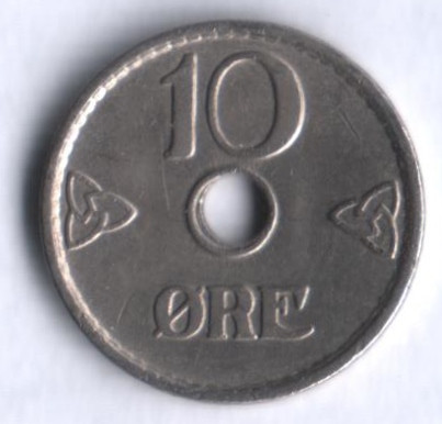 Монета 10 эре. 1951 год, Норвегия.