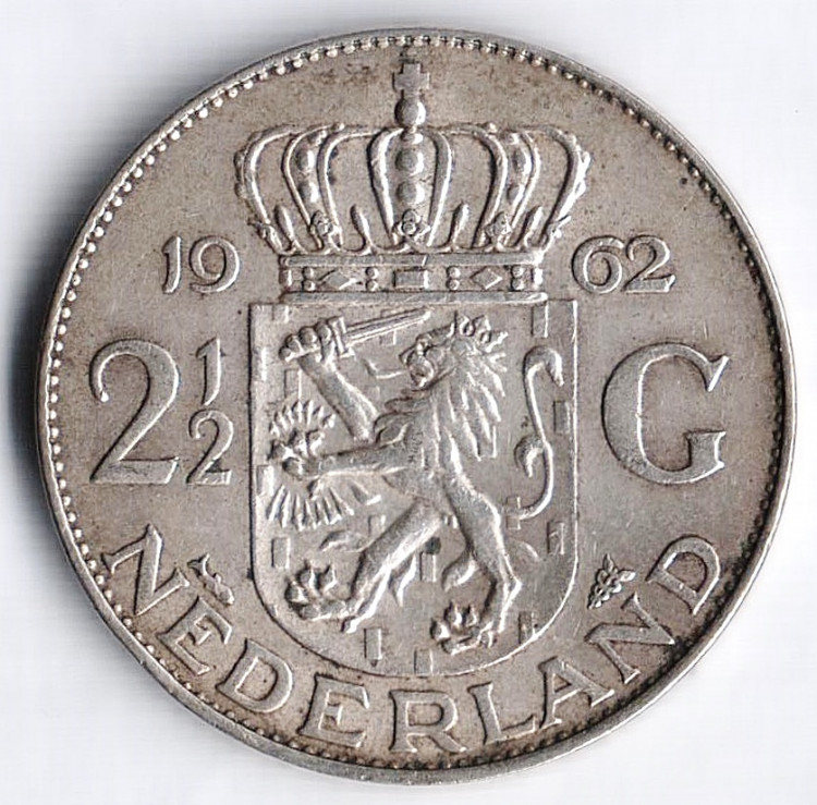 Монета 2-1/2 гульдена. 1962 год, Нидерланды.