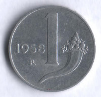 Монета 1 лира. 1958 год, Италия.