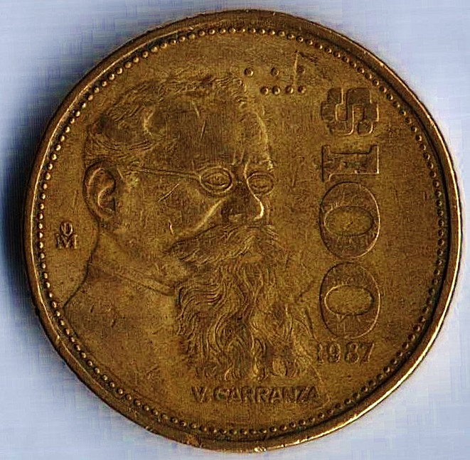 Монета 100 песо. 1987 год, Мексика. Венустино Карранса.